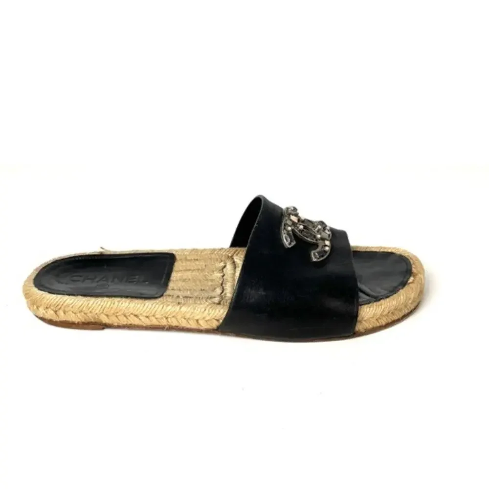CHANEL 2017 Espadrille Black CC Logo Leather Slip on Slides Sandals 41 11 10.5 - Picture 9 of 9
